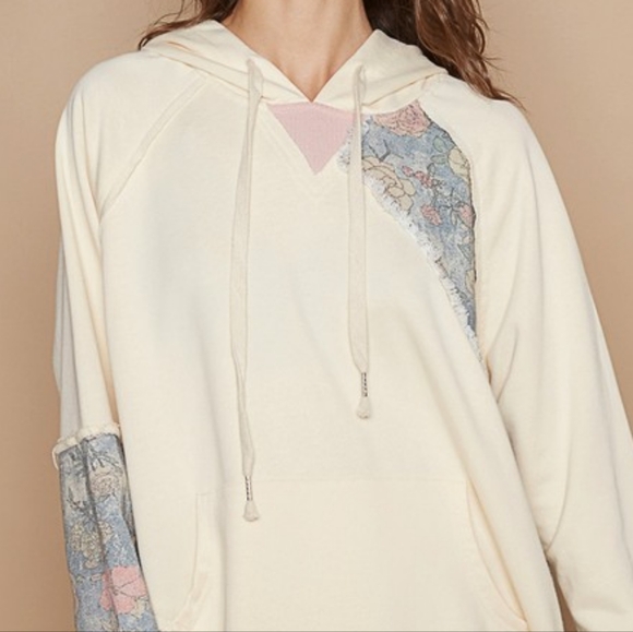 POL Hoodie Floral Contrast Patchwork Top Distressed Raw Exposed Seam Sweatshirt - Picture 6 of 15